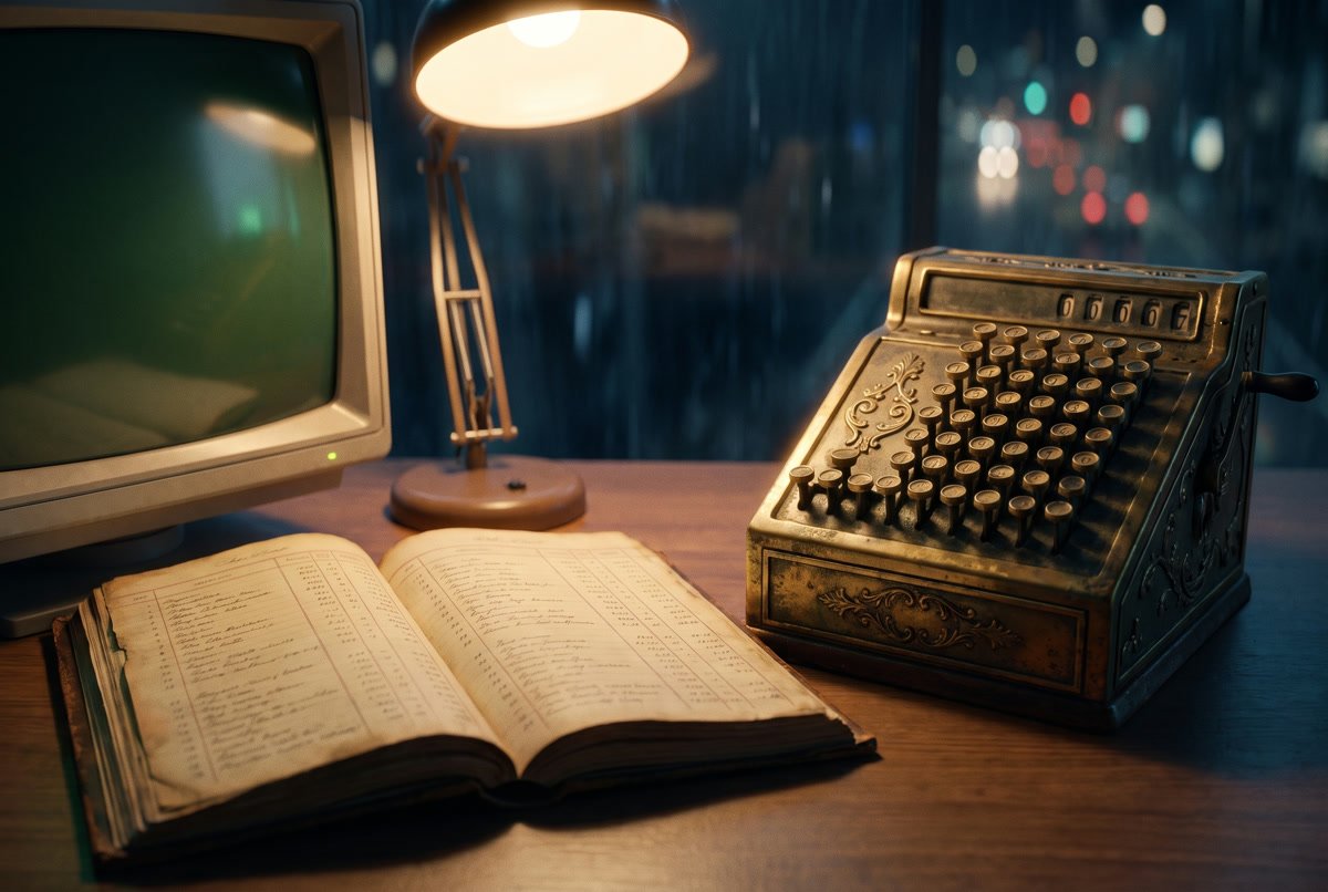An open ledger book lit by a desk lamp and the green glow of a computer screen