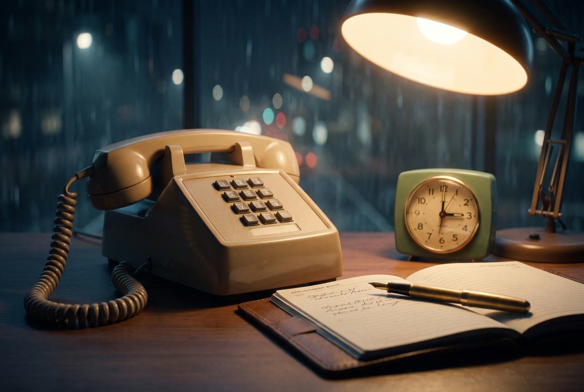 A vintage desk telephone beside an open appointment book late at night